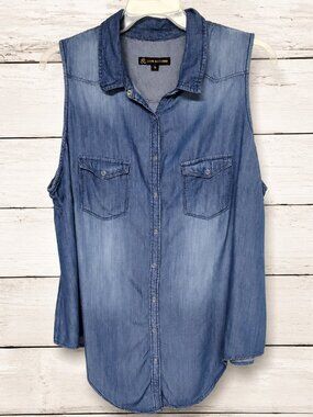 Love & Legend Chambray Sleeveless Button Front Shirt Sz 18 Plus Size Denim Look